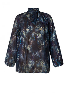 YEST - Poppy Tie Neck Blouse - Dark Blue Multi