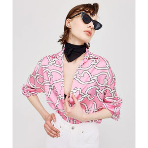 ACCESS - Heart Print Satin Shirt - Pink