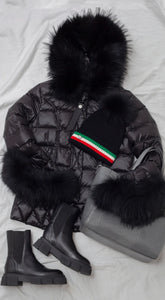 Luxy ~ Aston Merino Wool Faux Fur Pom Pom Hat - Black