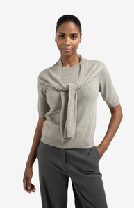 YAYA - Short Sleeve Sweater with Fixed Scarf - Brownish Grey