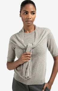 YAYA - Short Sleeve Sweater with Fixed Scarf - Brownish Grey