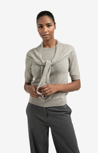 YAYA - Short Sleeve Sweater with Fixed Scarf - Brownish Grey