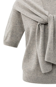 YAYA - Short Sleeve Sweater with Fixed Scarf - Brownish Grey