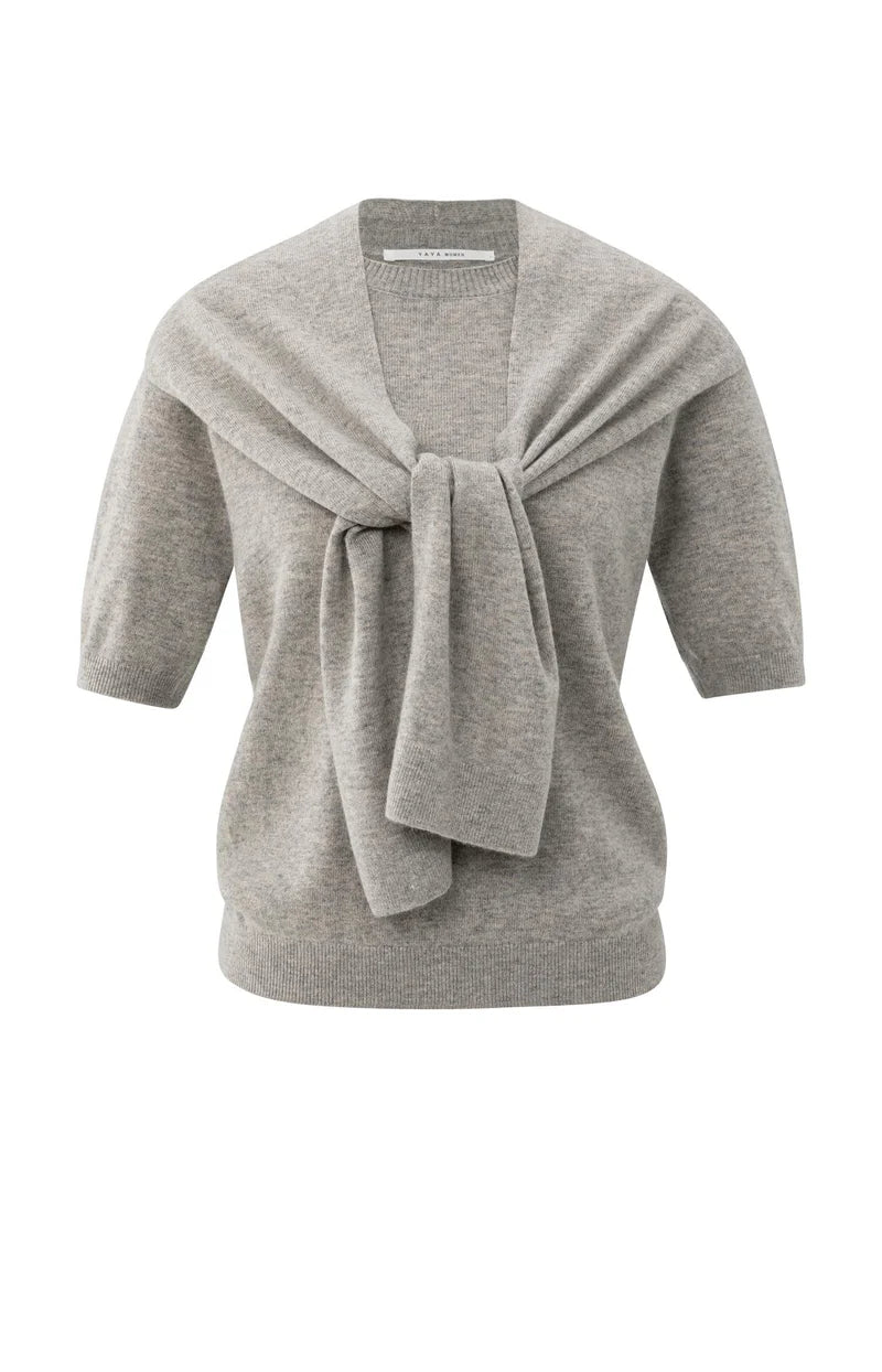 YAYA - Short Sleeve Sweater with Fixed Scarf - Brownish Grey