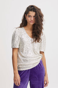 ICHI -  Fauci Sequin Top ~ Frosted Almond