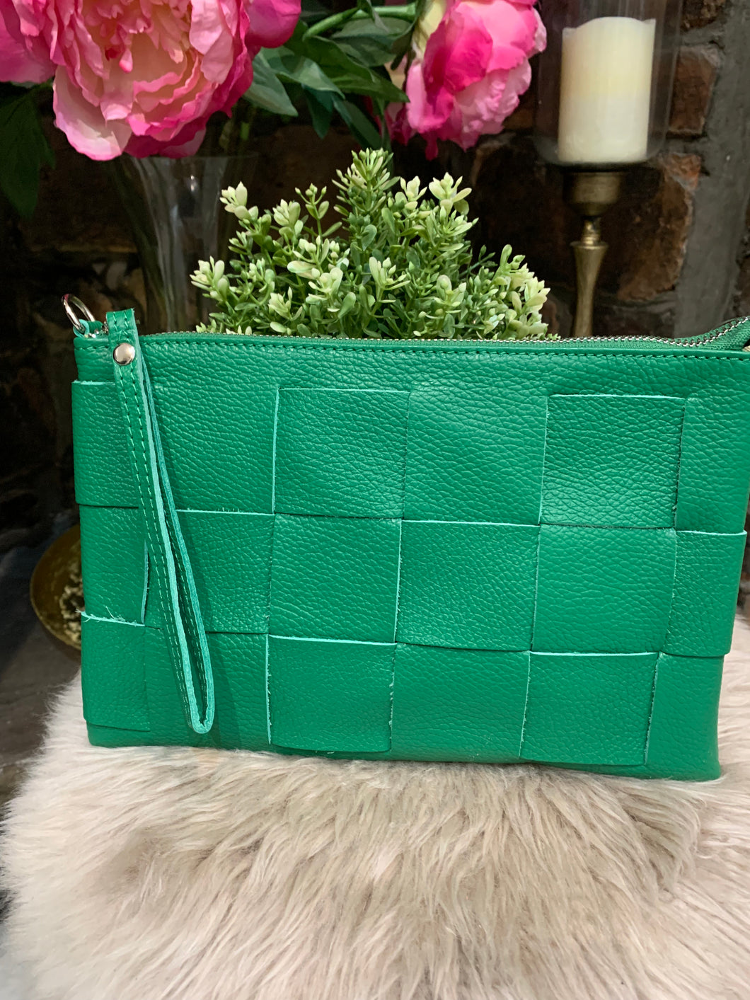 Leather Lattice Clutch Bag - Emerald Green
